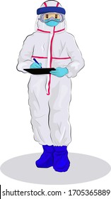 Vector illustration of medical staff with personal protective equipment (PPE), standing and taking notes, doctor in Coronavirus COVID-19 Pandemic Outbreak

