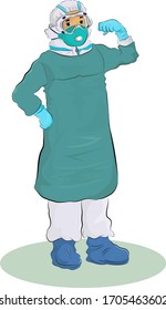 Vector illustration of a medical staff with personal protective equipment (PPE), standing and making a victory gesture with his hand, happy to feel strong in the fight with the Coronavirus during COVI