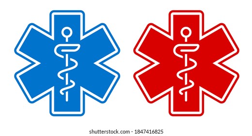 Vector Illustration Of A Medical Star Symbol In Two Color Variations: Blue And Red