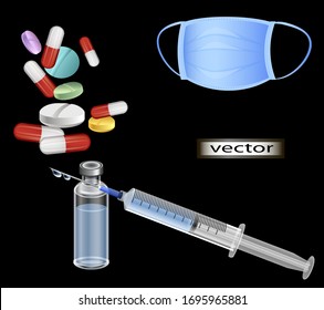 Vector illustration of medical supplies mask medication and syringe for injection