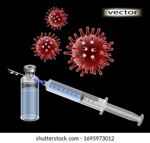 Vector illustration of medical supplies medicines and an injection syringe for fighting coronavirus against infection