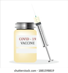 Vector Illustration of Medical Syringe with Needle and Vials, Ampoules. Vaccination, Vaccine, Injection. Isolated abstract.
