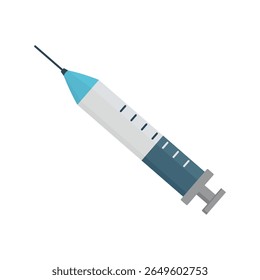 Ilustração vetorial de seringa médica com agulha isolada sobre fundo branco. Ferramenta de injeção de cuidados de saúde, vacinação e conceito de medicamento. Estilo plano, ícone do equipamento hospitalar profissional