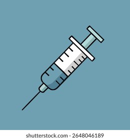Ilustração vetorial de uma seringa médica sobre fundo azul. Design simples e limpo, ideal para cuidados de saúde, vacinação, injeção e conceitos médicos.