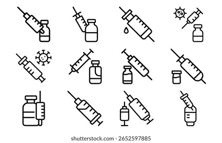 Ilustração vetorial de seringas e frascos para injetáveis para uso médico, num estilo minimalista em linha artística, representando vacinação ou injeção.