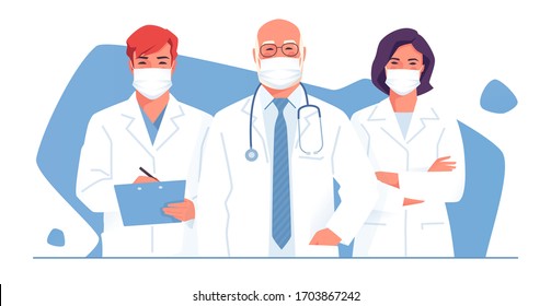 Vector illustration of a medical team, group of physicians, doctors wearing face masks.