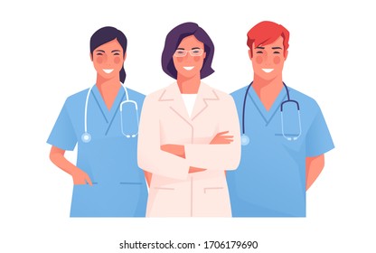 Vector illustration of a medical team, group of physicians, practitioners, doctors.