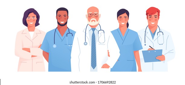 Vector Illustration Of A Medical Team, Group Of Physicians, Practitioners, Doctors.