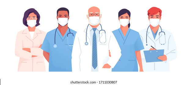 Vector illustration of a medical team, group of physicians, doctors wearing face masks.