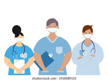 Vector illustration of a medical team, group of physicians, doctors wearing face masks.