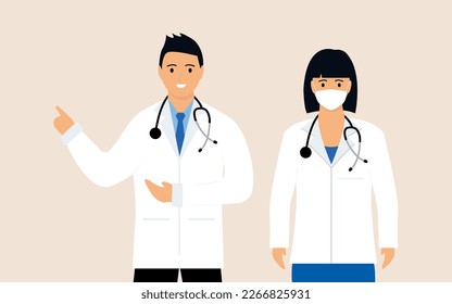 Vector illustration of a medical team, a group of doctors, a masked nurse and a doctor with a smile.