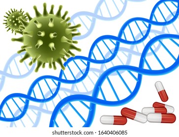 Vector illustration medical template DNA spiral pills and viruses