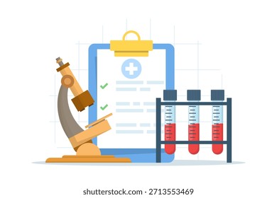 Ilustración vectorial de tubos de ensayo médicos, microscopio y lista de verificación, que simbolizan el trabajo de laboratorio, las pruebas de atención médica y los diagnósticos médicos en un diseño limpio.