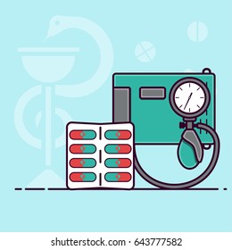 Vector illustration of medical tonometer in flat style. Tablets are in a blister