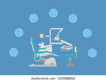 Vector illustration. Medical tools and dental chair on a blue background.