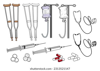 vector illustration of medical tools such as Infusion bag intravenous therapy, Stethoscope, crutches, injection, pill medicine