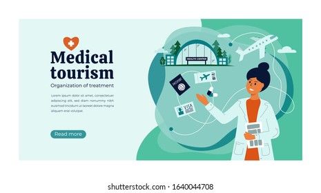 Vector illustration of medical tourism, insurance agency. Doctor helps to choose quality clinic, hospital, to organize of treatment abroad, buy airplane ticket, apply for visa. Layout template, flyer.