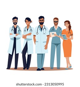 Vector illustration of medical workers in a flat design, minimalism style. Medical professionals like doctors, nurses, and paramedic. With stethoscopes, syringes, and medical masks