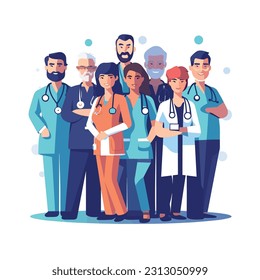 Vector illustration of medical workers in a flat design, minimalism style. Medical professionals like doctors, nurses, and paramedic. With stethoscopes, syringes, and medical masks