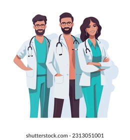 Vector illustration of medical workers in a flat design, minimalism style. Medical professionals like doctors, nurses, and paramedic. With stethoscopes, syringes, and medical masks