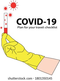 Vector illustration of a medical worker's hand in a glove holds a stake with a virus. Coronavirus. Medicine.
