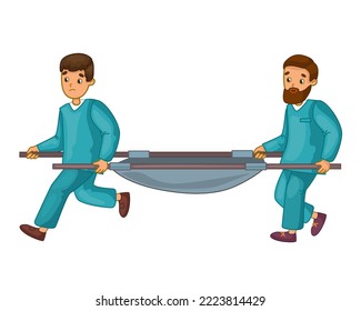 Vector illustration of medical workers run with a stretcher to help