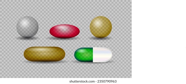 Vector illustration of medicinal pills, fish oil, realistic design, transparent background. Eps 10