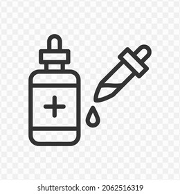 Ilustración vectorial de la botella de medicina y del icono del cuentagotas en color oscuro y fondo transparente (png).