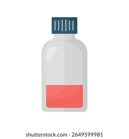 Ilustração vetorial de frasco de medicamento com mistura líquida sobre fundo branco, recipiente farmacêutico para cuidados de saúde e tratamento, frasco médico para medicamentos líquidos, conceito de saúde e bem-estar