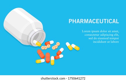 Vector illustration of a medicine bottle open with pills, capsules, and tablet medicine. Suitable for illustrations of pharmaceutical activities, chemical drugs, and healing therapies for diseases. 