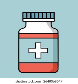 Vector illustration of a medicine bottle with a white cross on a light blue background. Simple and clean design, perfect for healthcare, pharmacy, medicine, hospitals, and medical concepts.