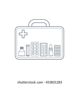 Vector illustration of medicine box with bottles of pills, capsules in blister, drops.