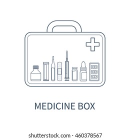 Vector illustration of medicine box with different pharmaceutical items: bottle of pills, ampul, adhesive bandage, injector, drops, blister package.