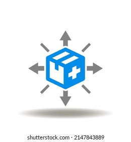 Ilustración vectorial de la caja o del paquete de medicina con cruz médica y flechas afuera. Icono de distribución médica, farmacéutica. Signo de logística clínica y farmacia, cadena de suministro.