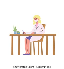 Vector illustration of medicine concept with doctor in face mask by table isolated on white, practitioner young doctor woman sits in hospital medical office.