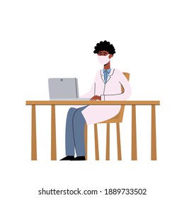Vector illustration of medicine concept with doctor in face mask by table isolated on white, practitioner young doctor african man sitting in hospital medical office.
