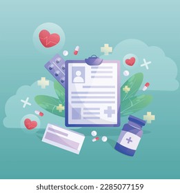 Vector illustration. Medicine elements background in flat style. World health day illustration. Pharmacy with pills, drugs, medical bottles. Medication and health treatment concept.