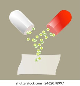 Vector illustration of medicine in the form of a red and white capsule that opens and releases its contents, concept of medicine, treatment.