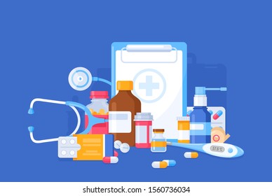 Vector illustration of medicine pharmacy bottles, pills, drugs, tablets, syrup, vitamin, medical equipment in flat cartoon style. Pharmacy concept for landing page, web, mobile app, poster, banner