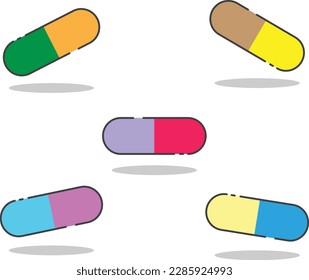 Vector illustration of medicine pills, pill icons, colored pills.