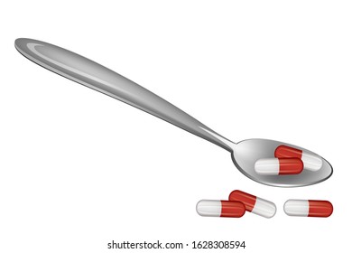 Vector illustration medicine tablets in a spoon give the patient a capsule treatment of diseases
