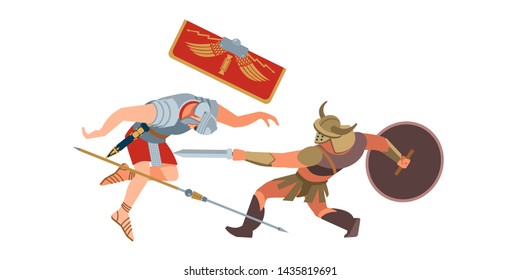 Vector illustration of a medieval battle scene with figures as separate objects on white isolated background. Vector, stock isolated illustration. Flat cartoon style.