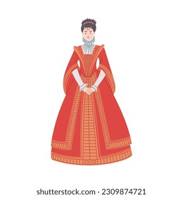 Vector illustration of medieval beautiful queen, duchess in a red luxurious outfit, dress and jewelry, headband. Cartoon concept of Middle ages, isolated on white background