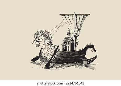 Vector illustration - medieval boat in the form of a sea monster