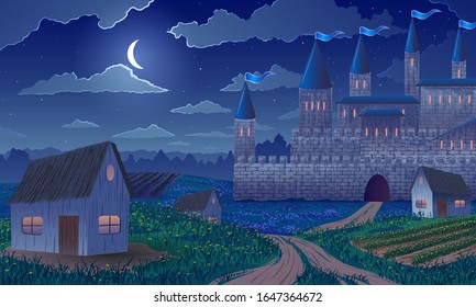 Vector illustration. Medieval castle with agricultural fields and village among rural landscape at night.