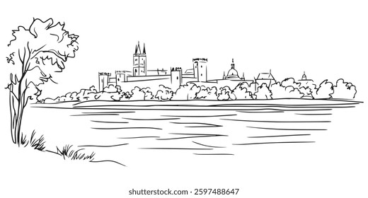 vector illustration of a medieval castle by the river, black and white sketch with trees and water landscape