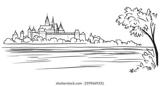 vector illustration of a medieval castle by the lake, with trees and a scenic river view in hand-drawn black and white style
