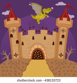 Vector illustration of a medieval castle defending from a flying dragon, for fairy tales or children books