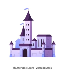 Vector illustration of a medieval castle in purple with flags on the towers and a stone wall. Fairytale palace designed for game interface in flat style.