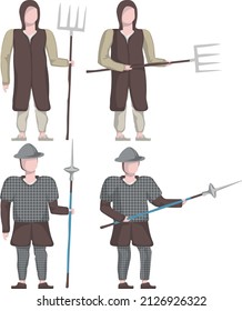 Ilustración vectorial de la milicia medieval de combate y el ejército regular en armadura con armas, lanza y horquilla de cocina. 